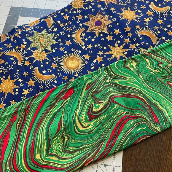 2 sewing fabric remnants, dark blue w/gold stars, moons; green/red/yellow swirl - Picture 1 of 6
